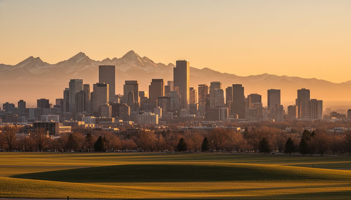 The Denver downtown skyline at sunset with snow-capped Rocky Mountains rising behind the city.